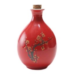 17oz Red Ceramic Wine Jar Chinese Style Empty Wine Flask Plum Blossom Wine Bottle Small Flagon - Default