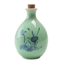 17oz Green Ceramic Wine Jar Chinese Style Empty Wine Flask Lotus Wine Bottle Small Flagon - Default