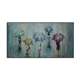 People Walking In The Rain With Umbrella Painting 100% Hand Painted Oil Painting On Canvas Decorative Blue Wall Art For House - 75x150cm