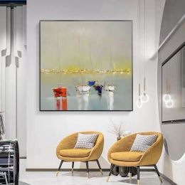Ocean Wall Art Canvas Oil Painting Sunrise Bathroom Handmade Boat Landscape Posters Picture for Bedroom Beach House Decor - 70x70cm