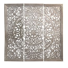 Hand Carved Panels Wooden Wall Art with Cutouts, Set of 3, Distressed White - UPT-225287