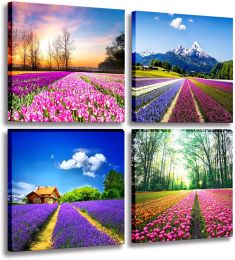 Canvas Prints Tulip Lavender Field Colorful Flowers Artworks on Canvas Landscape Painting Framed  Modern Home Decoration  - 12inchx12inchx4pcs