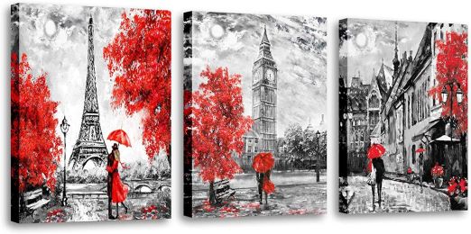 Black and White Wall Art Red Paris Theme Canvas Art Eiffel Tower Wall Paintings London Big Ben Pictures  Wall Decor - 12inchx16inchx3pieces