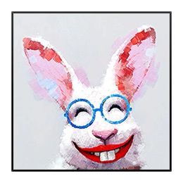 New Hand Painted Hilarious Rabbit Oil Painting Wall Canvas Art Picture for Living Room Decorative Funny Rabbit Painting Wall Art - 80x80cm
