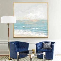 100% Handmade blue sea level Canvas Painting Modern Ocean Seascape Artwork Pictures Thick Oil Wall Art Decoration - 120x120cm
