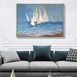 White sailboat vertical painting acrylic oil painting on canvas Handmade hanging picture wall art poster for living room decor - 70x140cm