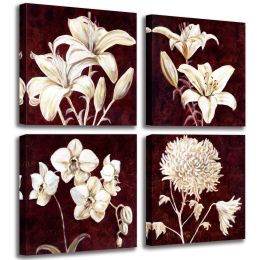 Vintage Flowers Wall Art Paintings Print on Canvas 4 Panels Blooming Lily Pictures for Bedroom Decoration Framed Floral Artwork - 12x12inchx4pcs