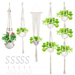 5 Packs Macrame Plant Hangers with 5 Hooks, Different Tiers, Handmade Cotton Rope Indoor Outdoor Boho Home Decor YJ - white