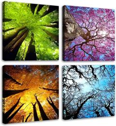 4 Panels Canvas Four Seasons Landscape Color Tree Painting Picture Prints Modern Artwork Stretched and Framed  Home Decoration - 12x12inchx4pcs