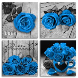 Blue Rose Canvas Wall Art Flower Canvas Prints for Bedroom Living Room Bathroom Decor 4 Pieces - 12x12inchx4pcs