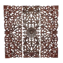 Three Piece Wooden Wall Panel Set with Traditional Scrollwork and Floral Details, Brown - BM00067