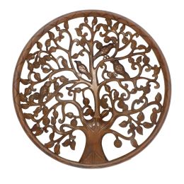 Dunawest 36 Inch Round Wooden Wall Art Decor, Tree of Life Art, Carved Cutout design, Sitting Birds, Walnut - UPT-195272