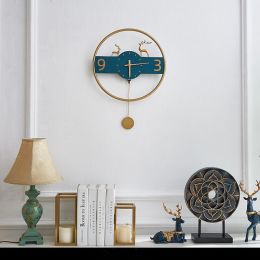 Creative Brass Wall Clock For Bedroom Guest Room Without Perforation Mute Wall Clock Decoration - Blue