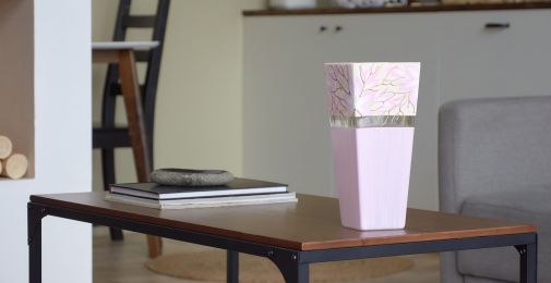 Glass Vase | Trapeze vase | Art Decorated Glass Vase for flowers | Table vase 10 inch | Interior Design | Home Decor - Rose - 250