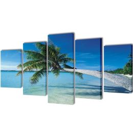 Canvas Wall Print Set Sand Beach with Palm Tree 79" x 39" - Multicolour
