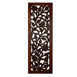 Mango Wood Wall Panel Hand Crafted with Leaves and Scroll Work Motif, Brown - BM80949