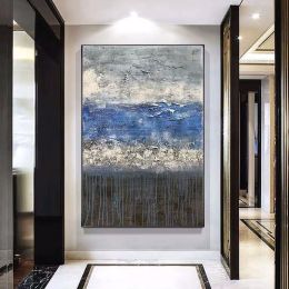 Top Selling Handmade Abstract Oil Painting Wall Art Modern Minimalist Blue Picture Canvas Home Decor For Living Room Bedroom No Frame - 75x150cm