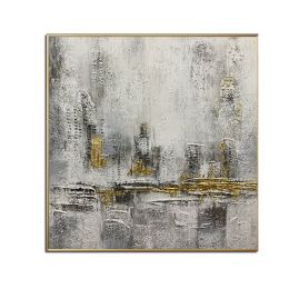 100% Handmade Gold Foil Abstract Oil Painting  Wall Art Modern Minimalist City Building Canvas Home Decor For Living Room No Frame - 80x80cm