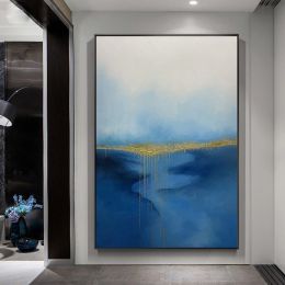 100% Hand Painted Abstract Oil Painting Wall Art Blue Minimalist Modern On Canvas Decor For Living Room Office No Frame - 150x220cm