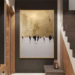 100% Hand Painted Abstract Oil Painting Wall Art Figure Picture Gold Foil Minimalist Modern On Canvas Decor For Living Room No Frame - 100x150cm