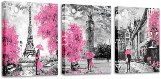 Black and White Wall Art Pink Paris Theme Canvas Art Eiffel Tower Wall Paintings London Big Ben Pictures  Wall Decor - 16inchx24inchx3pieces