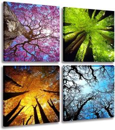 4 Panels Canvas Spring Summer Autumn Winter Four Seasons Landscape Color Tree Painting Picture Prints Modern Giclee Artwork - 12inchx12inchx4pcs