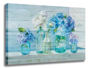 Blue Wall Art Decoration Retro Flower Painting 1 Panel Floral Canvas Wall Art for Bedroom Bathroom Living Room Decor - 12inchx16inch