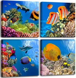 Bathroom Canvas Sea Turtle  Colorful Fish Coral Dolphin Ocean Theme Underwater World Pictures  Navy Seascape Artwork Framed Nautical - 12x12inchx4pcs