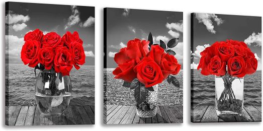 Red Rose Pictures for Living Room Black and Red Wall Art Modern Artwork for Bedroom Bathrooms Decor - 12x16inchx3pcs