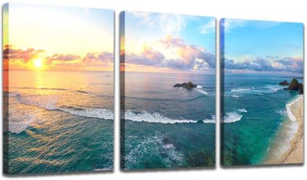 Blue Sea Sunset White Beach Painting  Bathroom Decor - 3 Panels Abstract Wave Picture Prints on Canvas Stretched and Modern Ocean - 12x16inchx3pcs