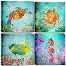 Blue Ocean  Bathroom Decorations, Sea Turtle Octopus Goldfish Pictures Canvas Print Art Painting  Wall Decorations-4 Panels - 12inchx12inchx4pcs