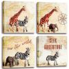 Giraffe Zebra Elephant Canvas Pictures Animals & World Map Wall Art for Kid Room Living Room Bedroom - 12x12inchx4pcs ( 30x30cmx4pcs)