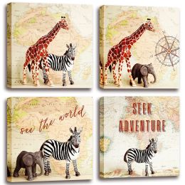 Giraffe Zebra Elephant Canvas Pictures Animals & World Map Wall Art for Kid Room Living Room Bedroom - 12x12inchx4pcs ( 30x30cmx4pcs)