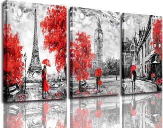 Black and White Wall Art Red Paris Theme Canvas Art Eiffel Tower Wall Paintings London Big Ben Pictures  Wall Decor - 16inchx24inchx3pieces