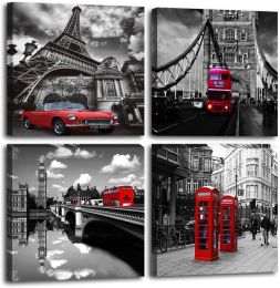 Red Bus Canvas Prints Wall Art  Decor,Cityscape Street View Pictures Modern Framed Artwork  Bathroom Decorations - 12inchx12inchx4pcs