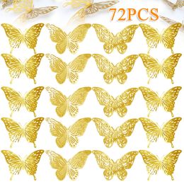 72Pcs 3D Butterfly Wall Decals Removable Self-adhesive Mural Stickers DIY Decor - Gold