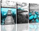 Ocean Beach Canvas Wall Art Black and White Lighthouse Pictures Print Bridge Teal Wall Art Artwork  Decor Bathroom - 12inchx16inchx3pieces