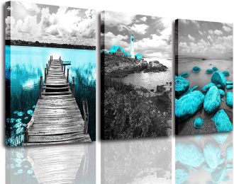 Ocean Beach Canvas Wall Art Black and White Lighthouse Pictures Print Bridge Teal Wall Art Artwork  Decor Bathroom - 12inchx16inchx3pieces