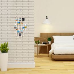 Hanging Photo Display Macrame Wall Hanging Pictures Organizer Boho Home Decor, with 30 Wood Clips, Birthday, Ivory YJ - white