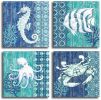Ocean Life Theme Canvas  Bathroom Decor Seahorse Octopus Crab Fish Underwater Painting Framed Artworks  Decoration - 12x12inchx4pcs