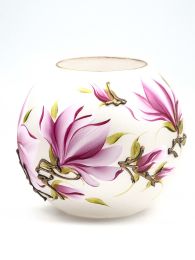 Handpainted Glass Vase | Painted Pink Flowers Art Glass Round Vase | Interior Design Home Room Decor | Table vase 6 inch - Pink - 180