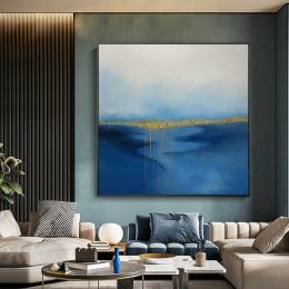 100% Hand Painted Abstract Oil Painting Wall Art Blue Minimalist Modern On Canvas Decor For Living Room Office No Frame - 120x120cm