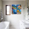 Bathroom Canvas Sea Turtle  Colorful Fish Coral Dolphin Ocean  Navy Seascape Artwork Framed Nautical - blue - 12inchx12inchx4pcs