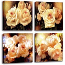Flower Canvas  Woman Yellow White Flowers Picture 4 Piece Framed Artwork Modern Plant Floral Canvas Print Wall Decoration - 12x12inchx4pcs
