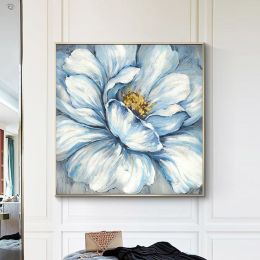 Handmade Gold Foil Abstract Oil Painting Wall Art Modern Minimalist Blue Color Flowers Canvas Home Decorative For Living Room No Frame - 90x90cm