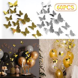 60PCS 3D Butterfly Wall Stickers Mirror Butterfly Wall Decals Set Removable - Silver