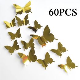 60PCS 3D Butterfly Wall Stickers Mirror Butterfly Wall Decals Set Removable - Gold