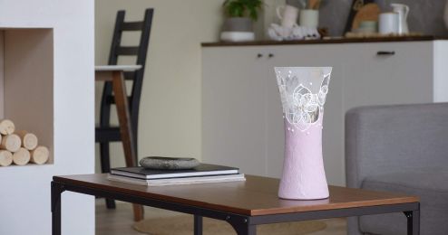 White flowers on ligth pink glass vase for flowers | Painted Art Glass Oval Vase | Table vase 12 inch | Interior Design | Home Decor - Rose - 300