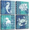 Ocean Life Theme Canvas  Bathroom Decor Seahorse Octopus Crab Fish Underwater Painting Framed Artworks  Decoration - 12x12inchx4pcs