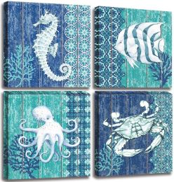 Ocean Life Theme Canvas  Bathroom Decor Seahorse Octopus Crab Fish Underwater Painting Framed Artworks  Decoration - 12x12inchx4pcs